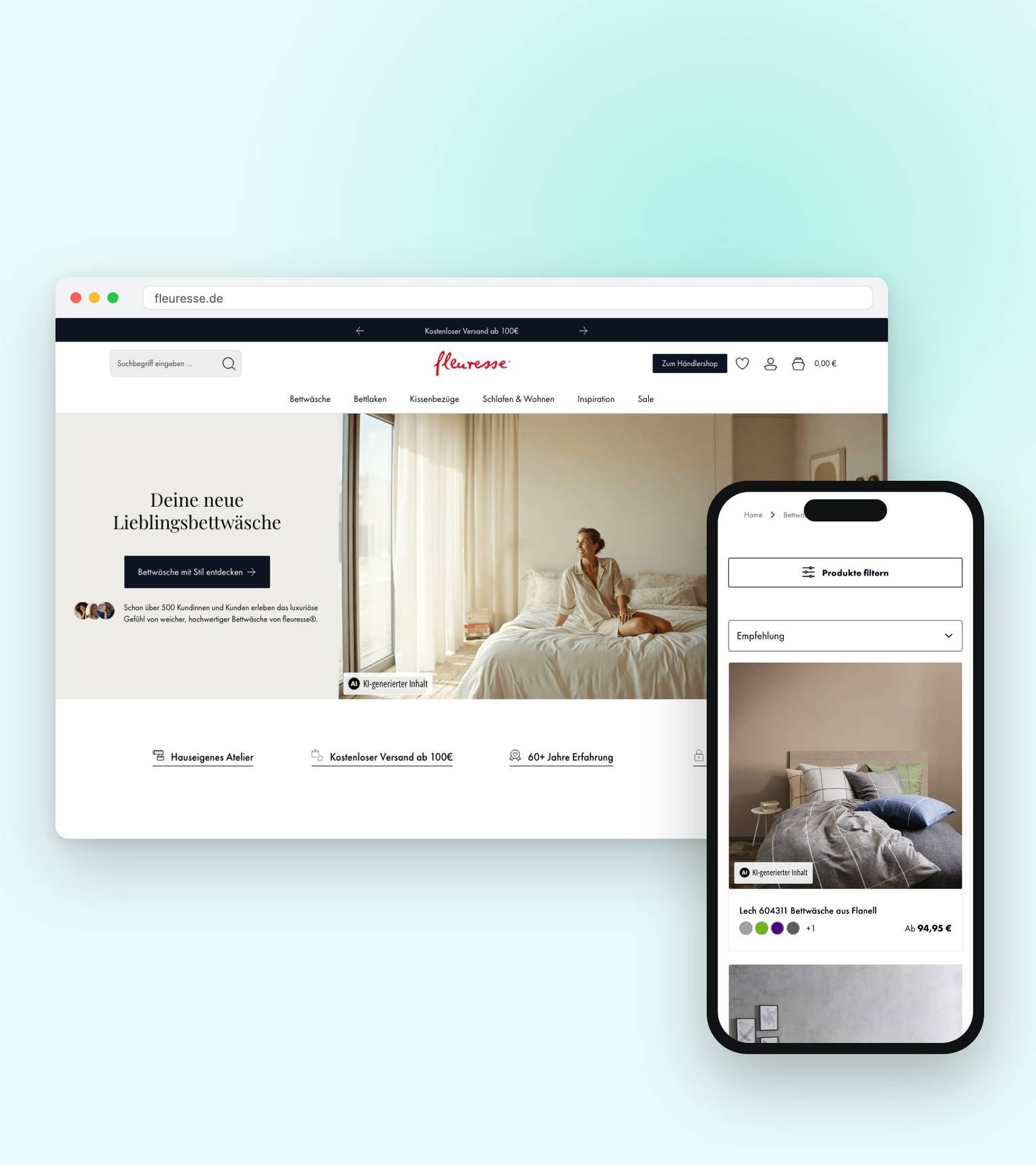 Der fleuresse-Onlineshop auf Laptop und Smartphone, mit Startseite und Bettwäsche-Kategorie